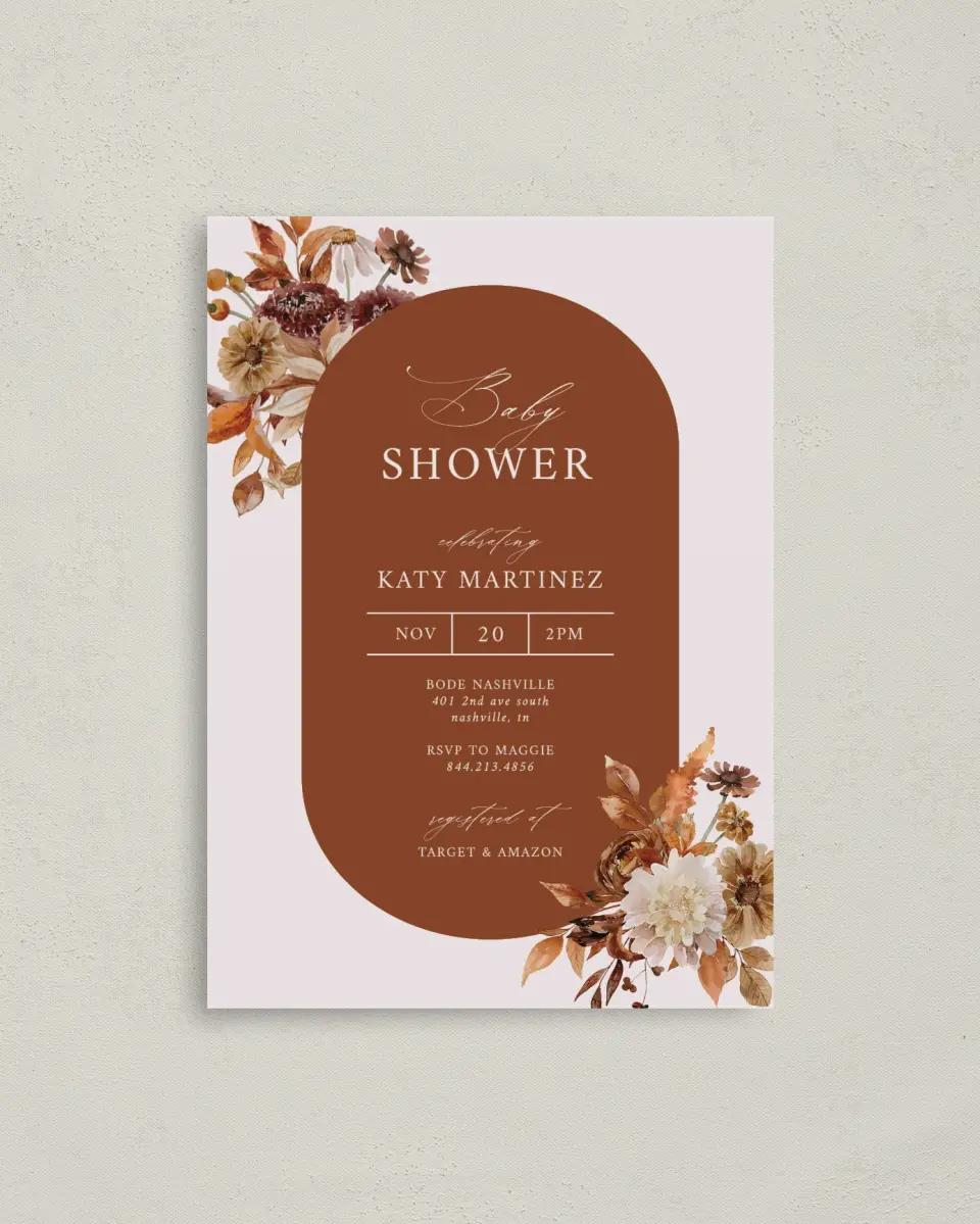 This is a 4" x 5.6" Baby Shower Invitation Postcard called Autumn Shower printed in full color on Soft Touch Finish paper