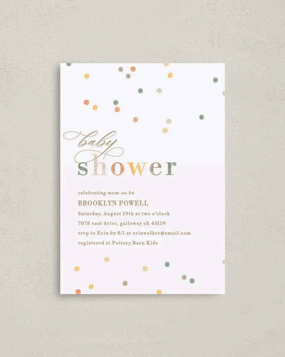 This is a 4" x 5.6" Baby Shower Invitation Postcard called Cute Confetti printed in full color on Soft Touch Finish paper