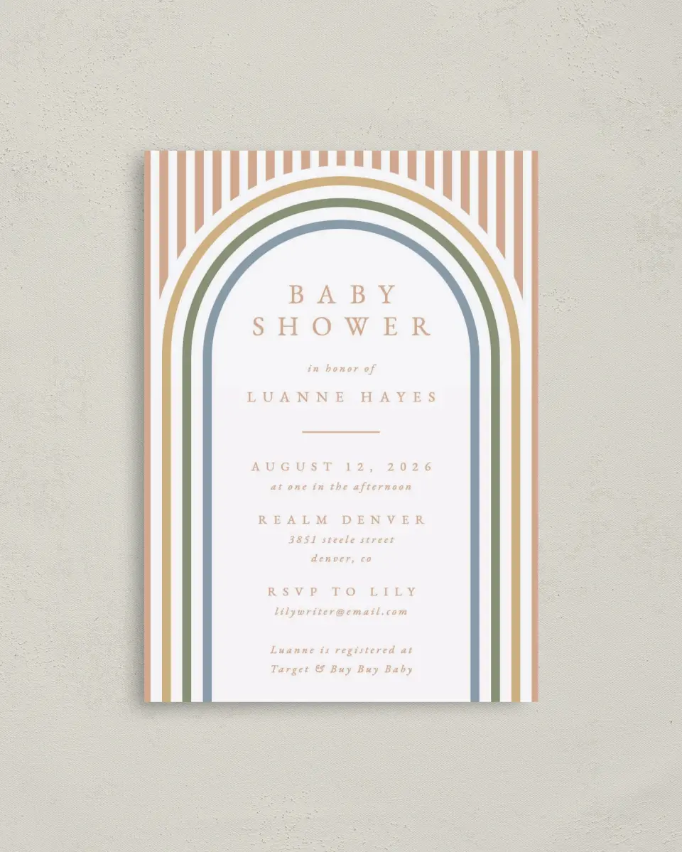 This is a 4" x 5.6" Baby Shower Invitation Postcard called Rainbow Stripes printed in full color on Soft Touch Finish paper