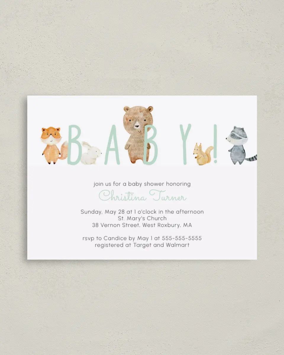 This is a 4" x 5.6" Baby Shower Invitation Postcard called Creature Peek printed in full color on Soft Touch Finish paper