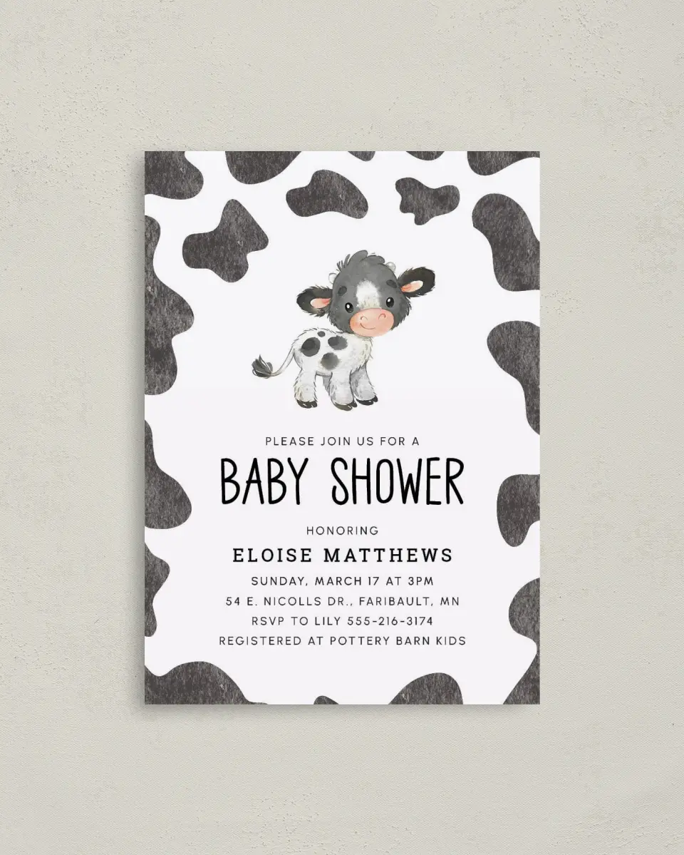 This is a 4" x 5.6" Baby Shower Invitation Postcard called Modern Moo printed in full color on Soft Touch Finish paper