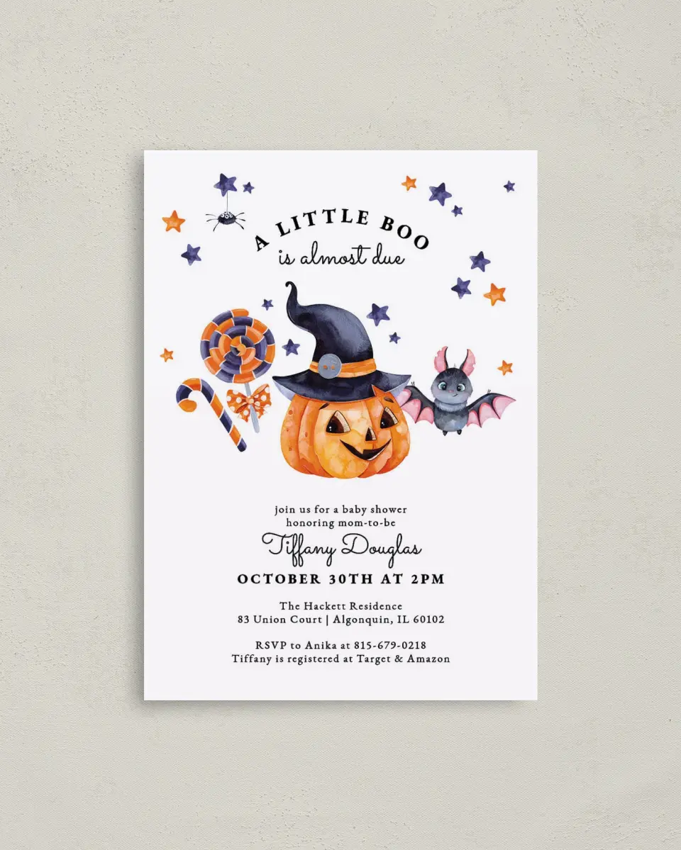 This is a 4" x 5.6" Baby Shower Invitation Postcard called Little Boo printed in full color on Soft Touch Finish paper