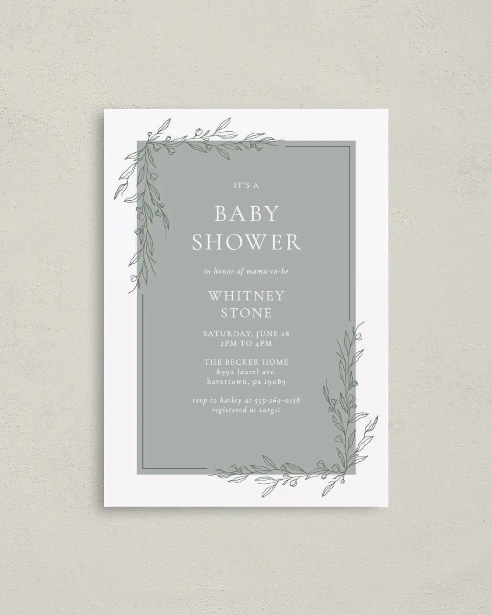 This is a 4" x 5.6" Baby Shower Invitation Postcard called Baby Branches printed in full color on Soft Touch Finish paper