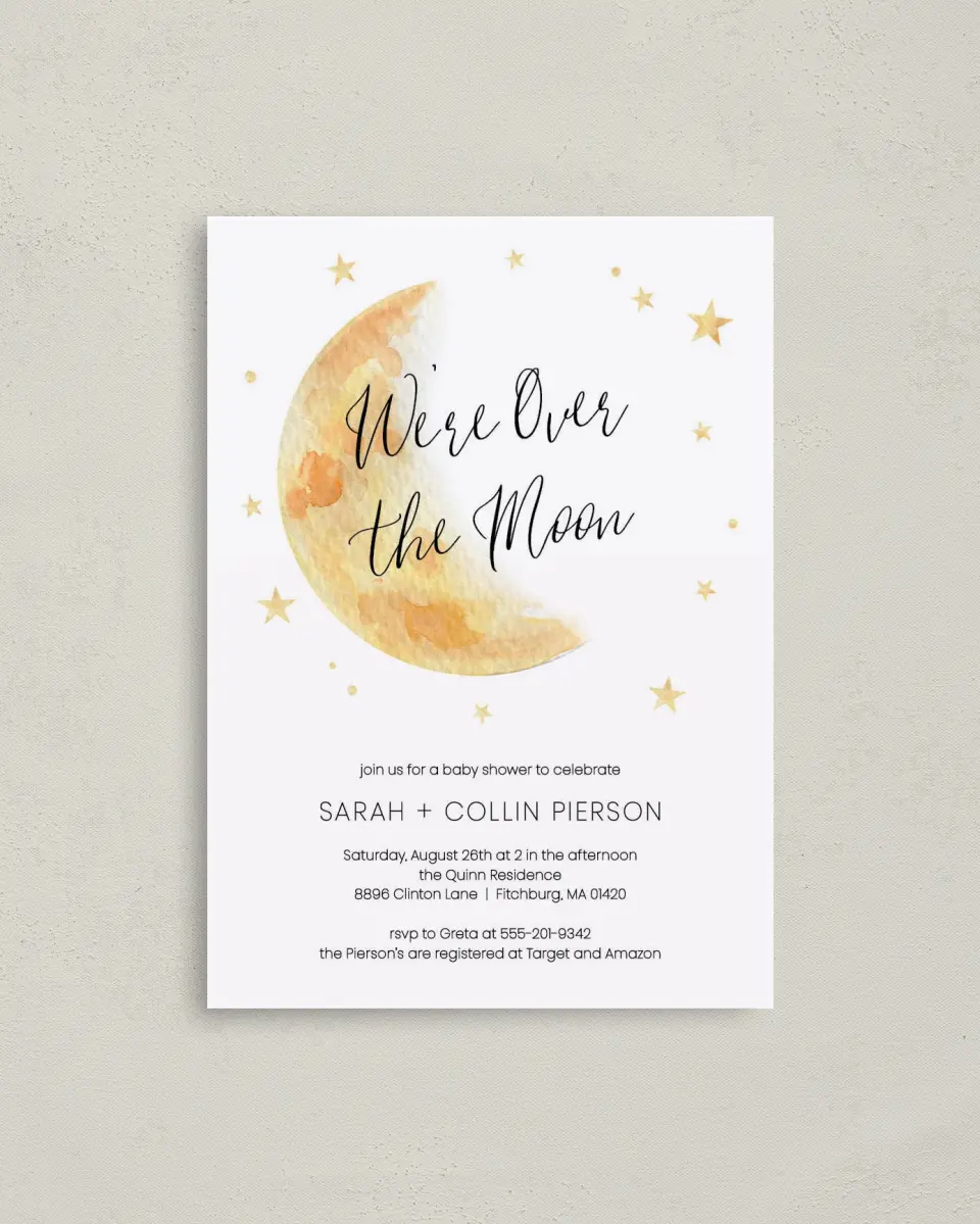 This is a 4" x 5.6" Baby Shower Invitation Postcard called Over the Moon printed in full color on Soft Touch Finish paper