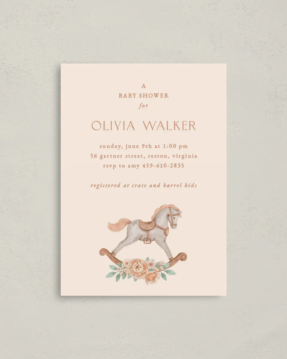 This is a 4" x 5.6" Baby Shower Invitation Postcard called Rocking Horse printed in full color on Soft Touch Finish paper