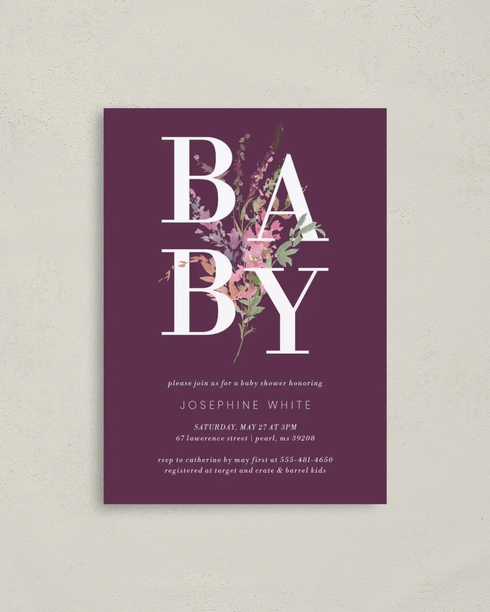 This is a 4" x 5.6" Baby Shower Invitation Postcard called Baby Bouquet printed in full color on Soft Touch Finish paper