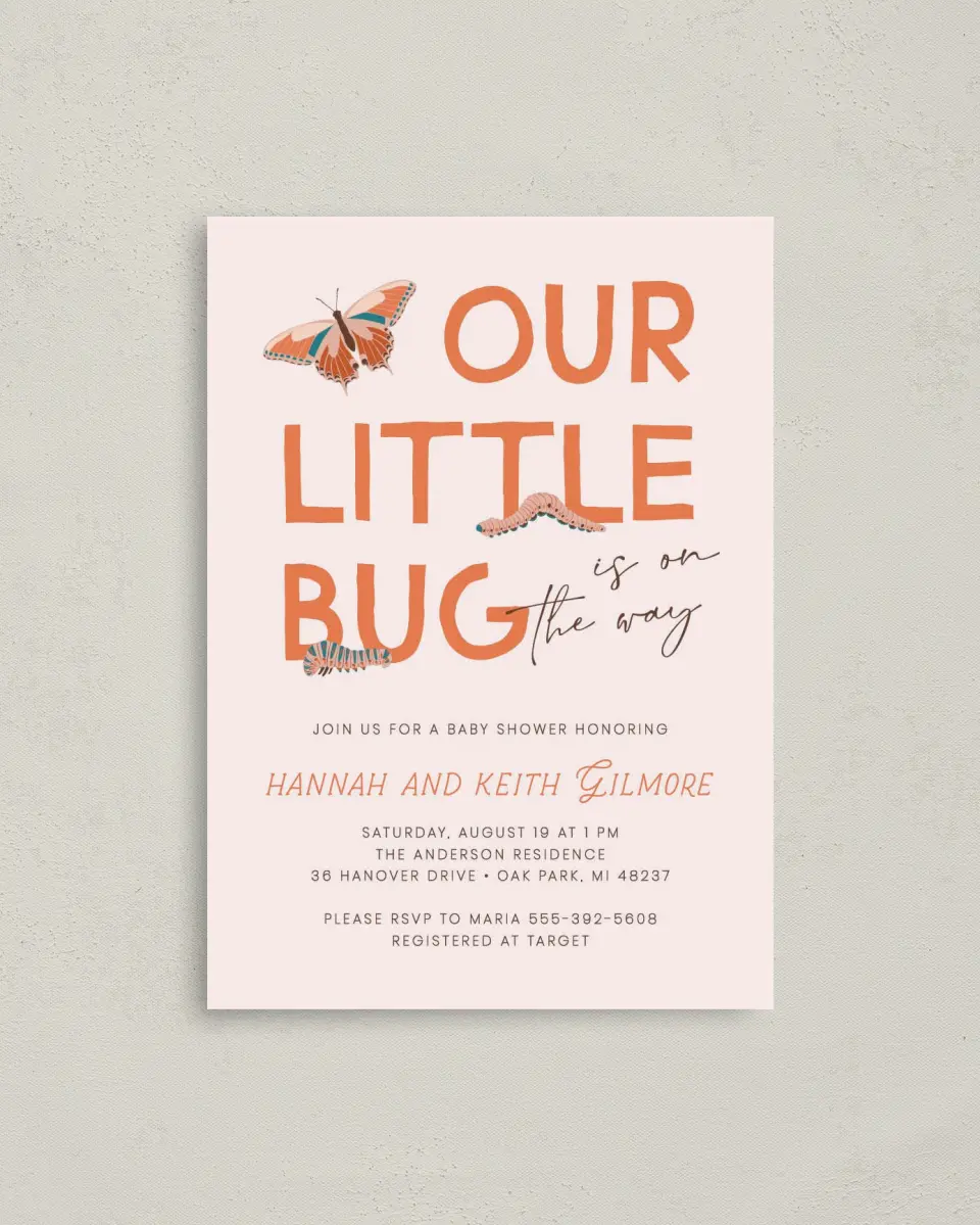 This is a 4" x 5.6" Baby Shower Invitation Postcard called Little Bug printed in full color on Soft Touch Finish paper