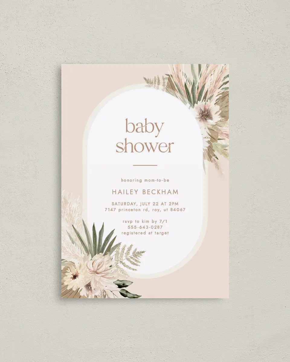 This is a 4" x 5.6" Baby Shower Invitation Postcard called Boho Baby printed in full color on Soft Touch Finish paper