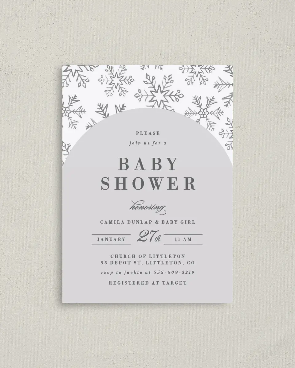 This is a 4" x 5.6" Baby Shower Invitation Postcard called Snowflake Shower printed in full color on Soft Touch Finish paper