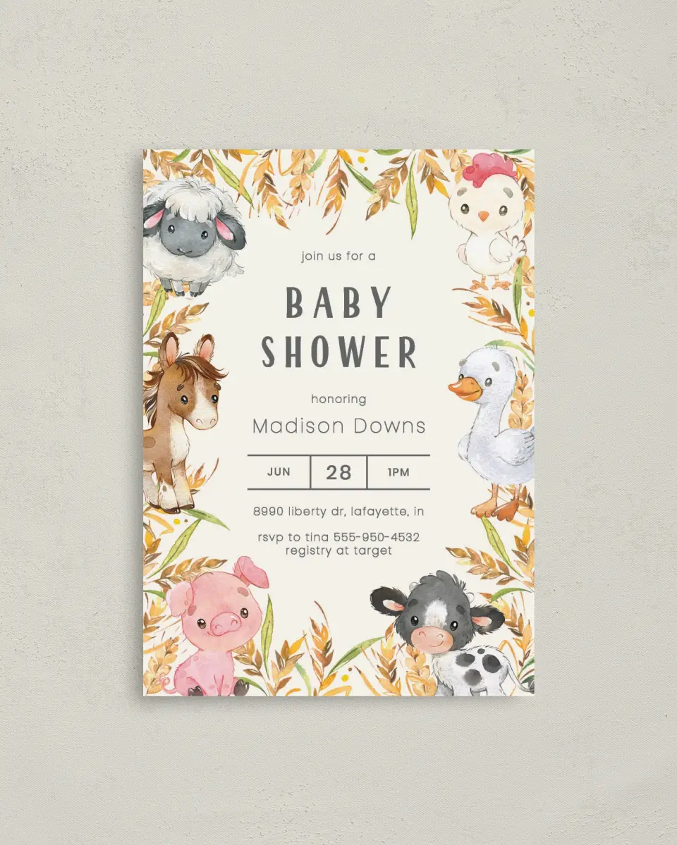 This is a 4" x 5.6" Baby Shower Invitation Postcard called Farm Frame printed in full color on Soft Touch Finish paper