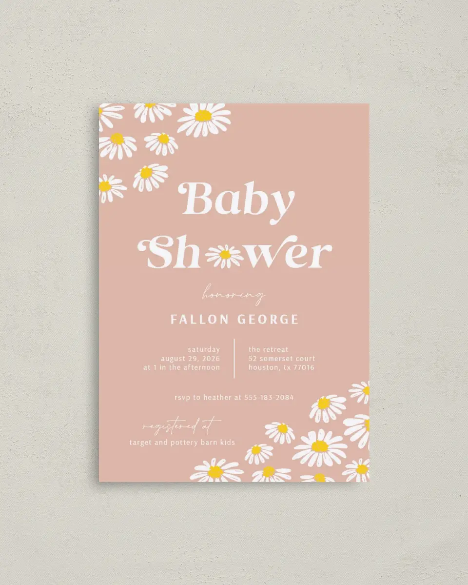 This is a 4" x 5.6" Baby Shower Invitation Postcard called Daisy Crazy printed in full color on Soft Touch Finish paper
