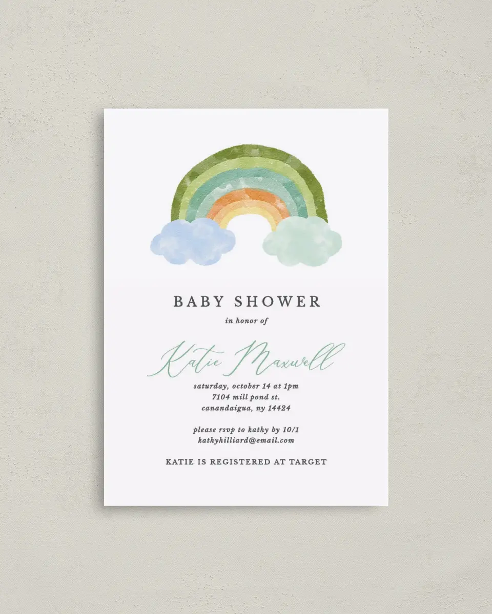 This is a 4" x 5.6" Baby Shower Invitation Postcard called Rainbow Baby printed in full color on Soft Touch Finish paper
