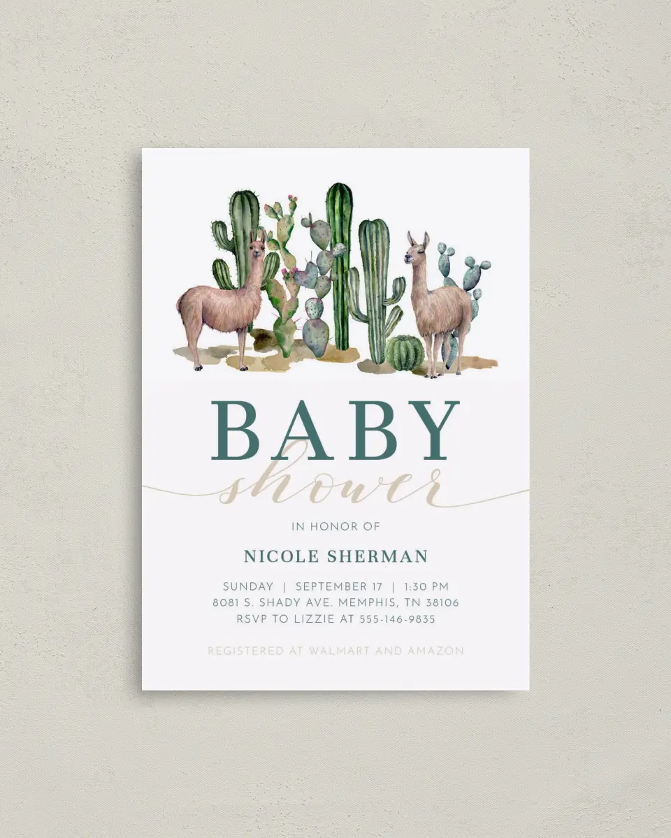 This is a 4" x 5.6" Baby Shower Invitation Postcard called Sweet Llamas printed in full color on Soft Touch Finish paper