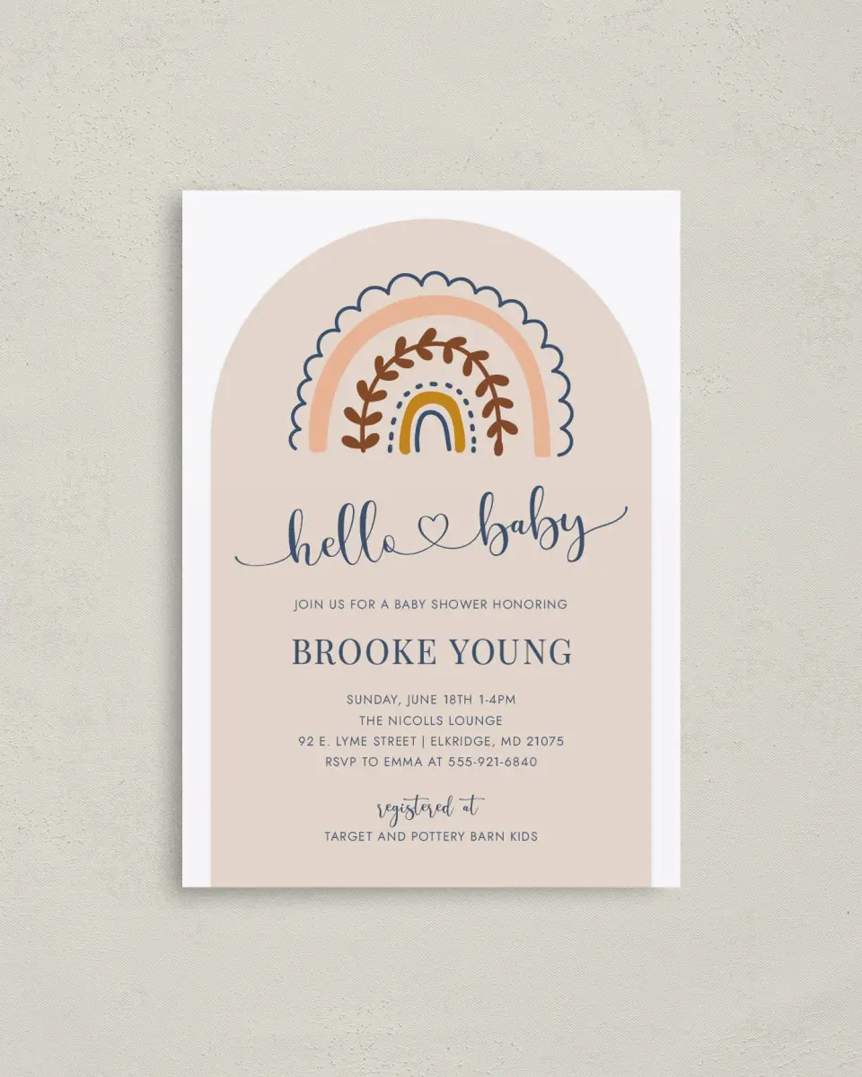 This is a 4" x 5.6" Baby Shower Invitation Postcard called Rainbow Hello printed in full color on Soft Touch Finish paper