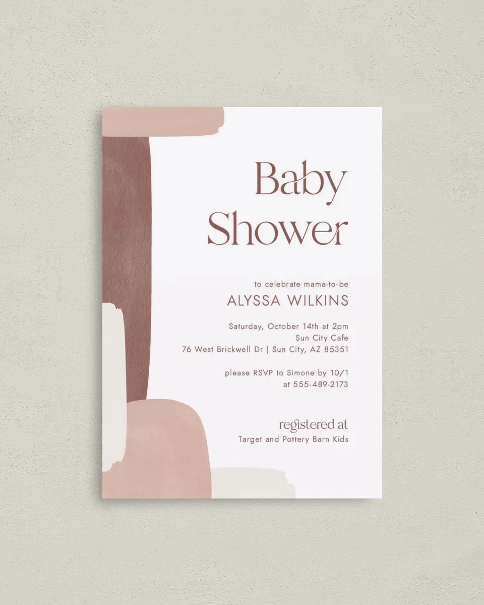 This is a 4" x 5.6" Baby Shower Invitation Postcard called Shapely Shower printed in full color on Soft Touch Finish paper