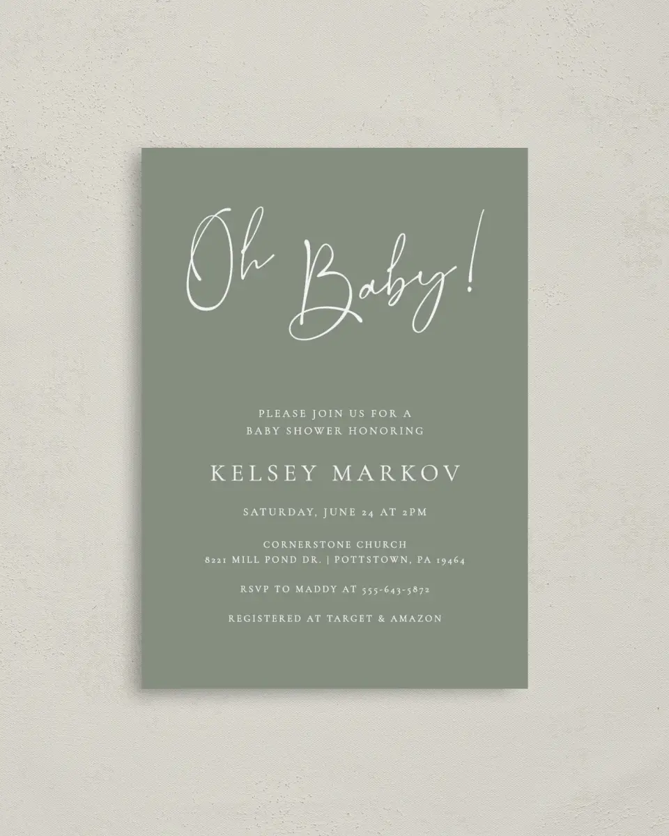 This is a 4" x 5.6" Baby Shower Invitation Postcard called Oh Baby printed in full color on Soft Touch Finish paper