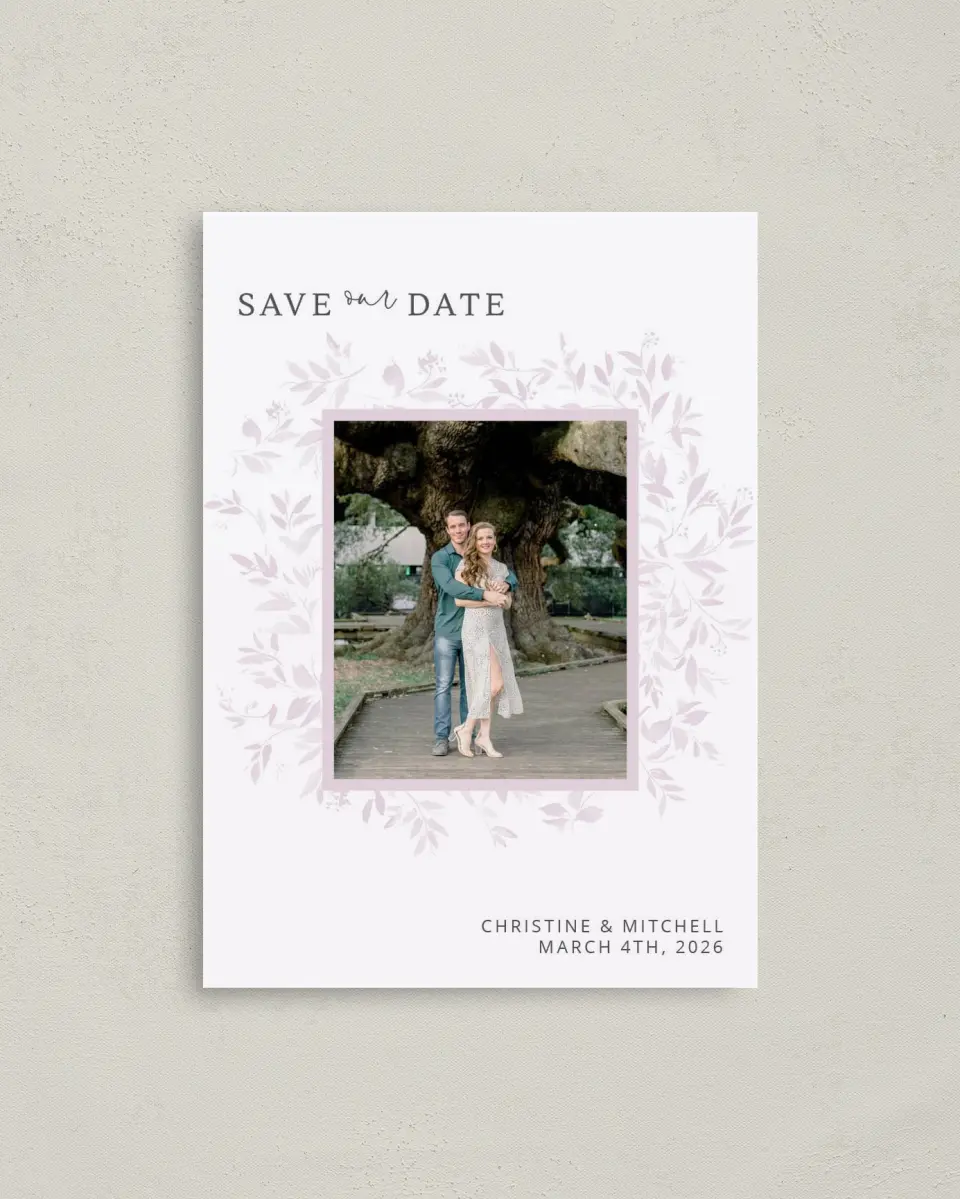 This is a 4" x 5.6" Save the Date Postcard called Lush Leaves printed in full color on Soft Touch Finish paper