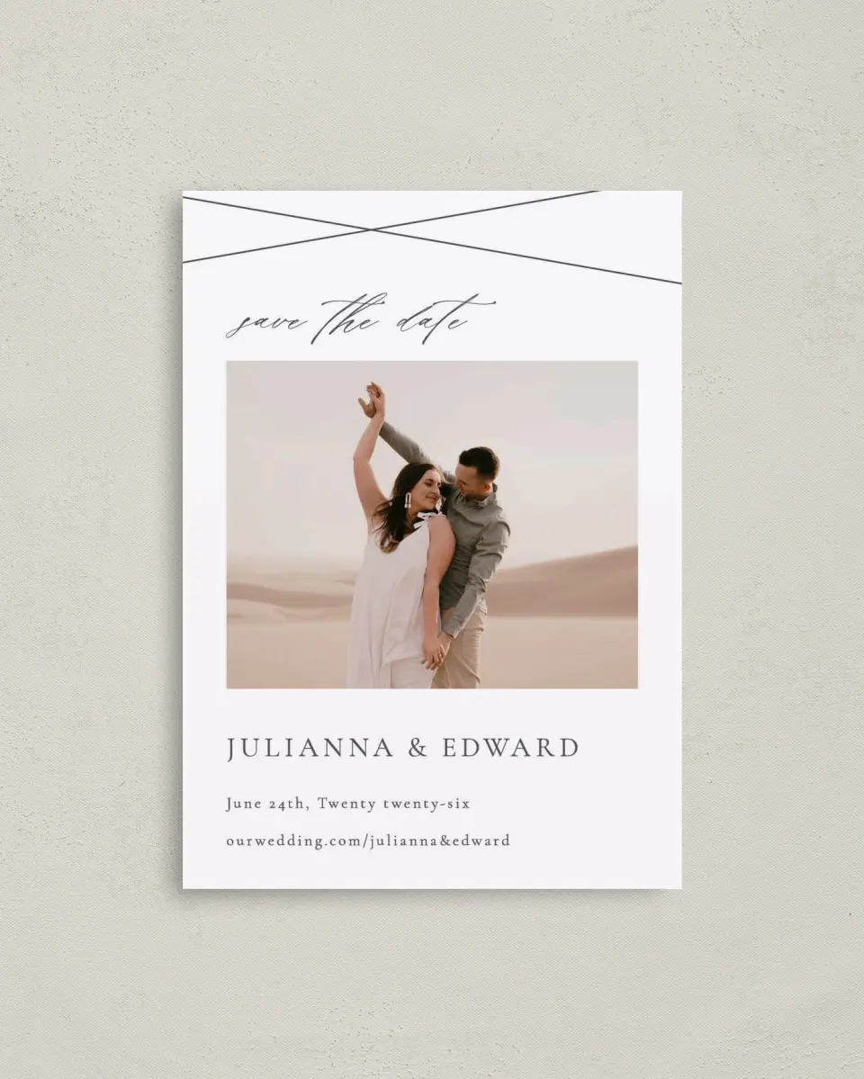This is a 4" x 5.6" Save the Date Postcard called Distinct Lines printed in full color on Soft Touch Finish paper