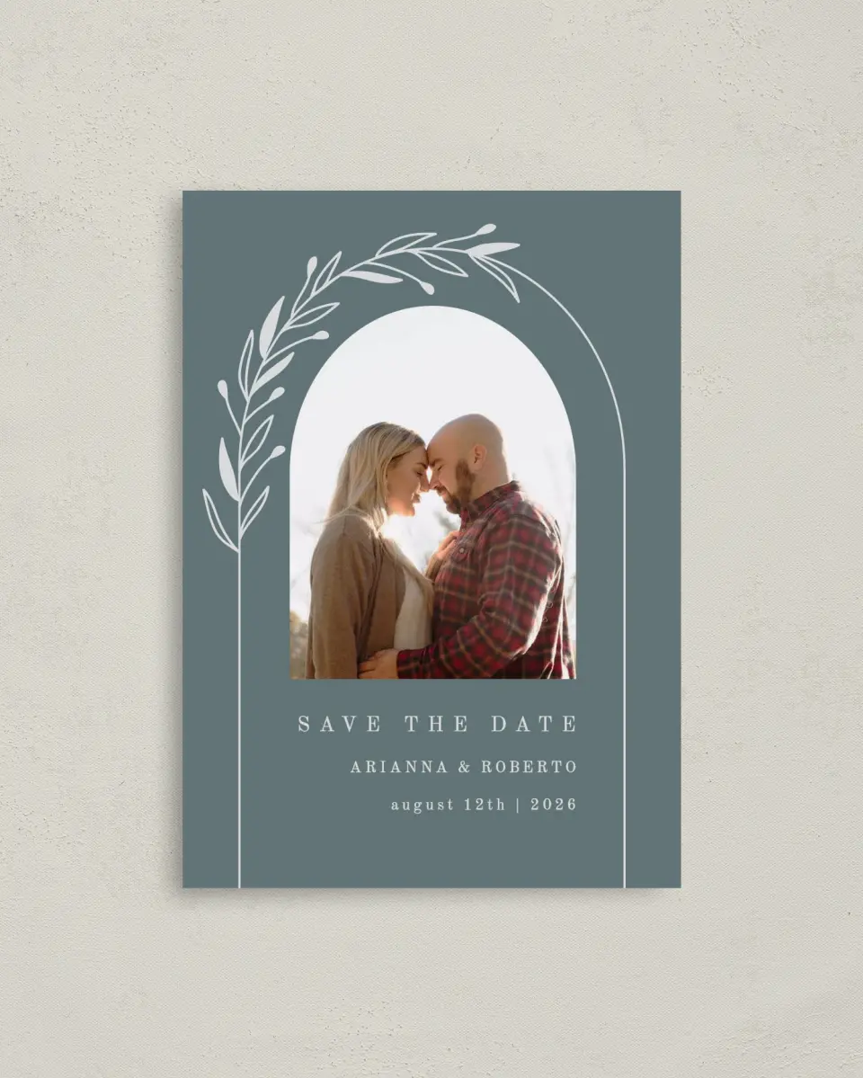 This is a 4" x 5.6" Save the Date Postcard called Growing Arc printed in full color on Soft Touch Finish paper