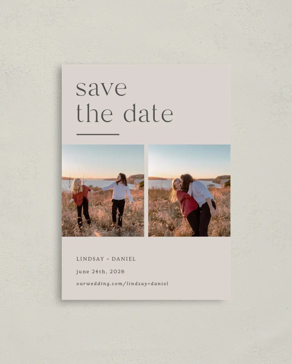 This is a 4" x 5.6" Save the Date Postcard called Simple Gathering printed in full color on Soft Touch Finish paper