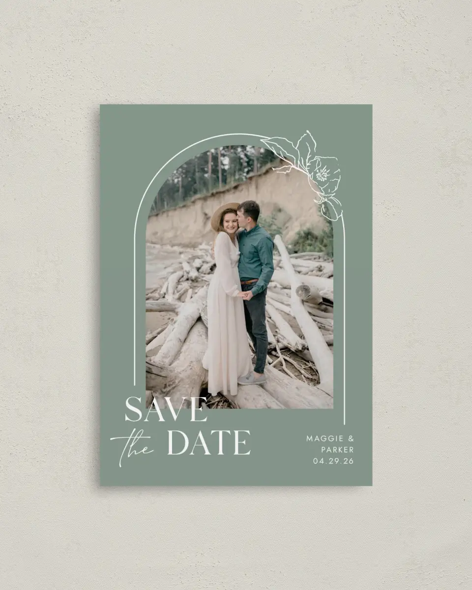 This is a 4" x 5.6" Save the Date Postcard called Blossoming Arch printed in full color on Soft Touch Finish paper