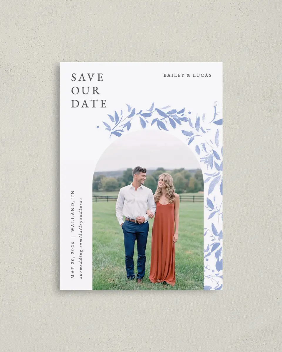 This is a 4" x 5.6" Save the Date Postcard called Soft Botanics printed in full color on Soft Touch Finish paper