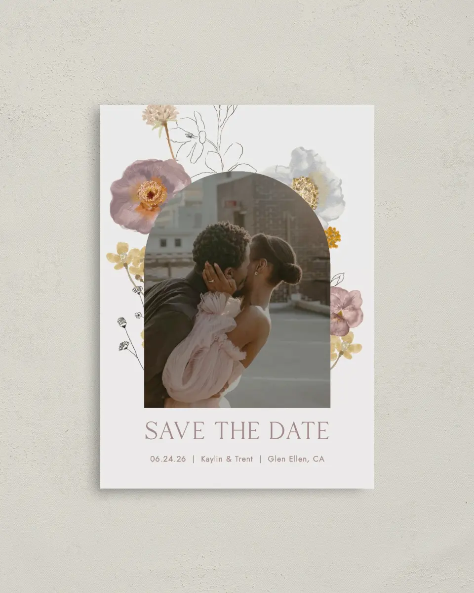 This is a 4" x 5.6" Save the Date Postcard called Enchanting Wildflowers printed in full color on Soft Touch Finish paper
