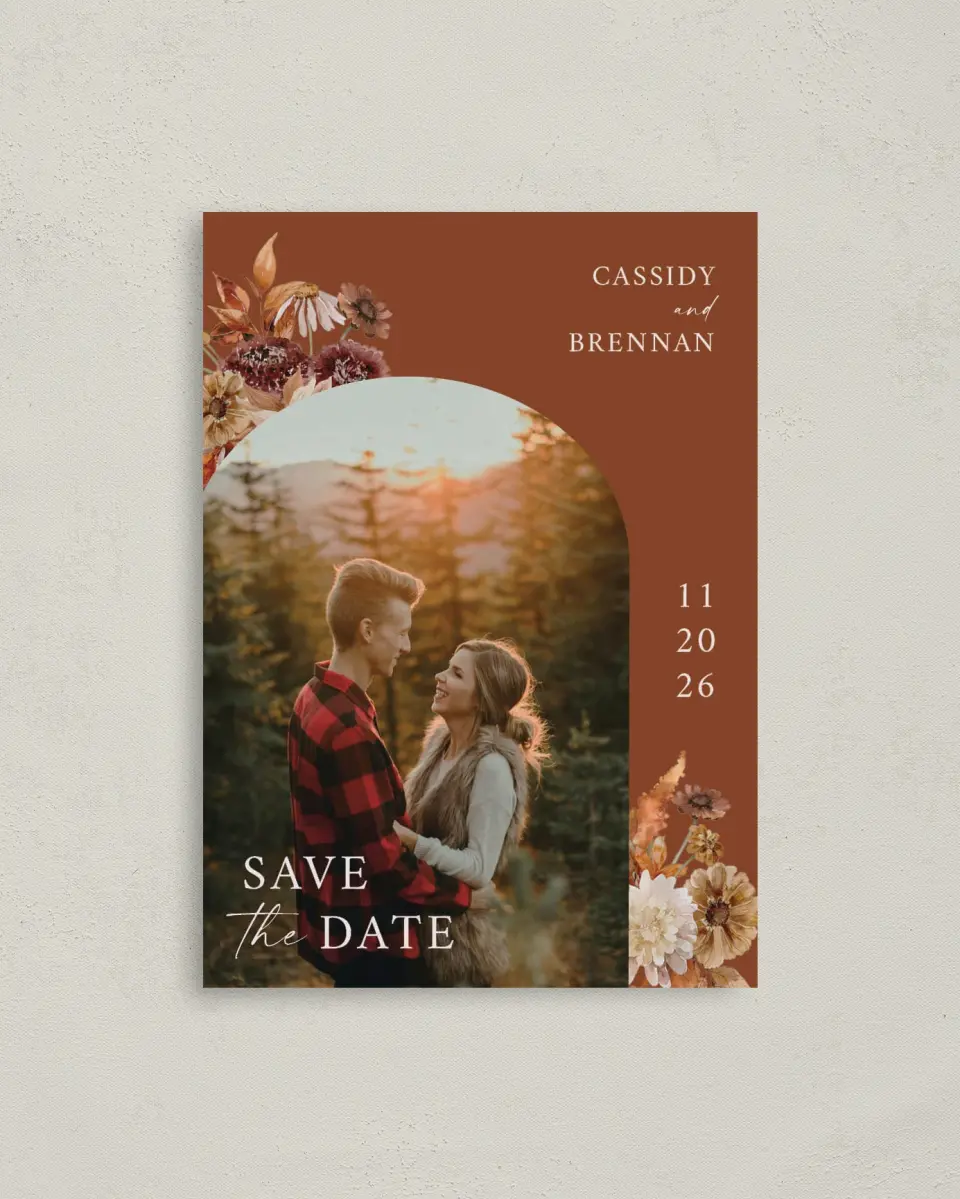 This is a 4" x 5.6" Save the Date Postcard called Autumn Florals printed in full color with Rose Gold foil on Soft Touch Finish paper