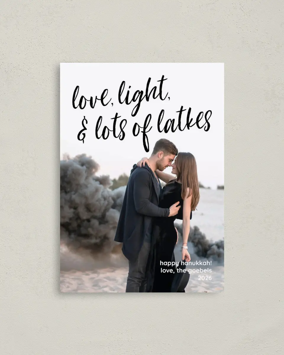 This is a 4" x 5.6" Hanukkah Card called Love, Light & Latkes printed in full color on Premium Smooth paper