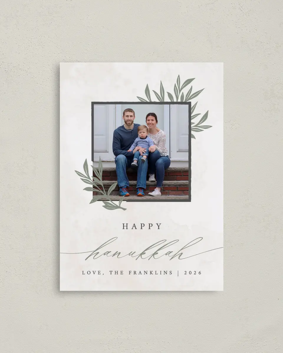 This is a 4" x 5.6" Hanukkah Card called Sprigs & Shalom printed in full color on Premium Smooth paper