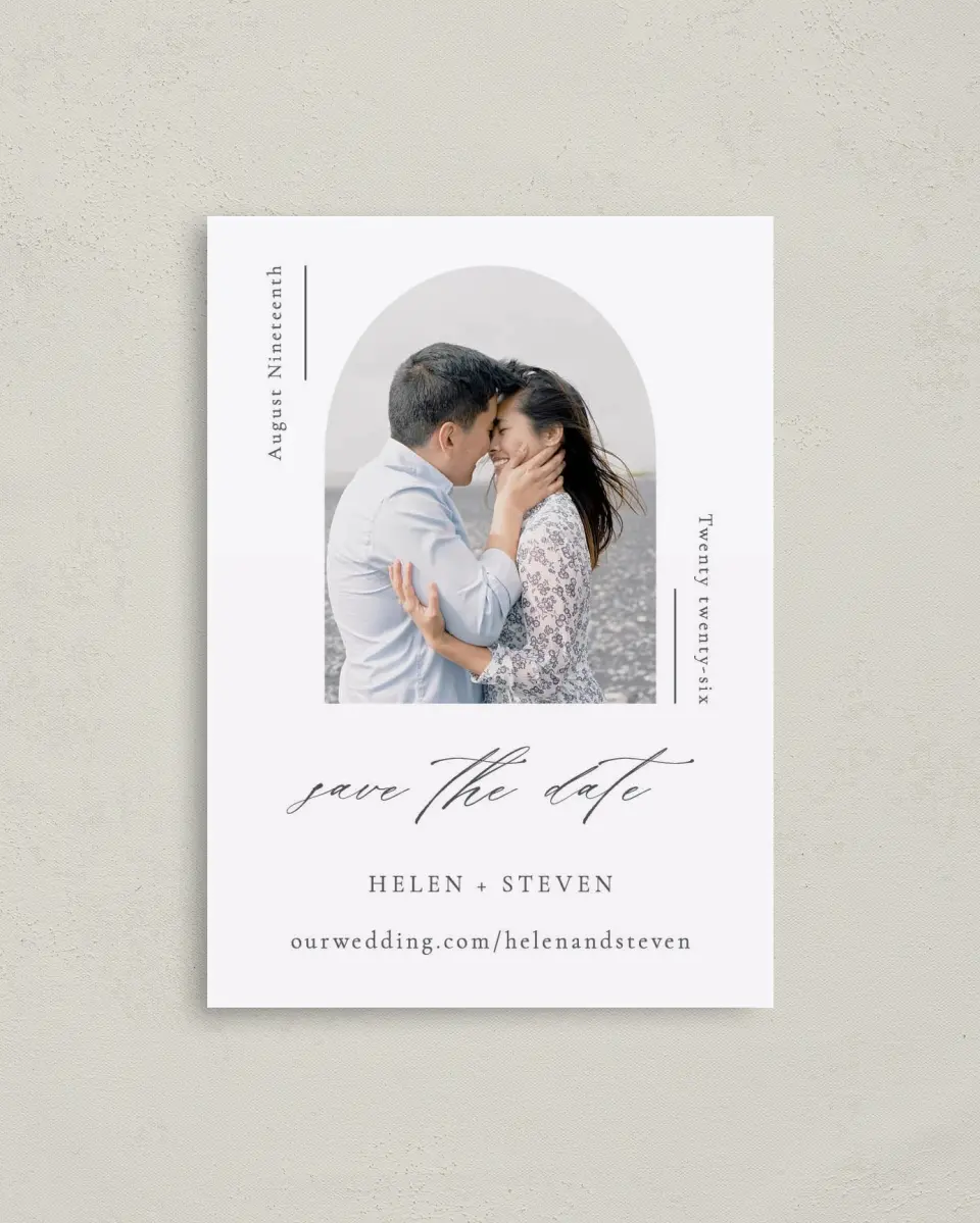 This is a 4" x 5.6" Save the Date Postcard called Quiet Scene printed in full color on Soft Touch Finish paper