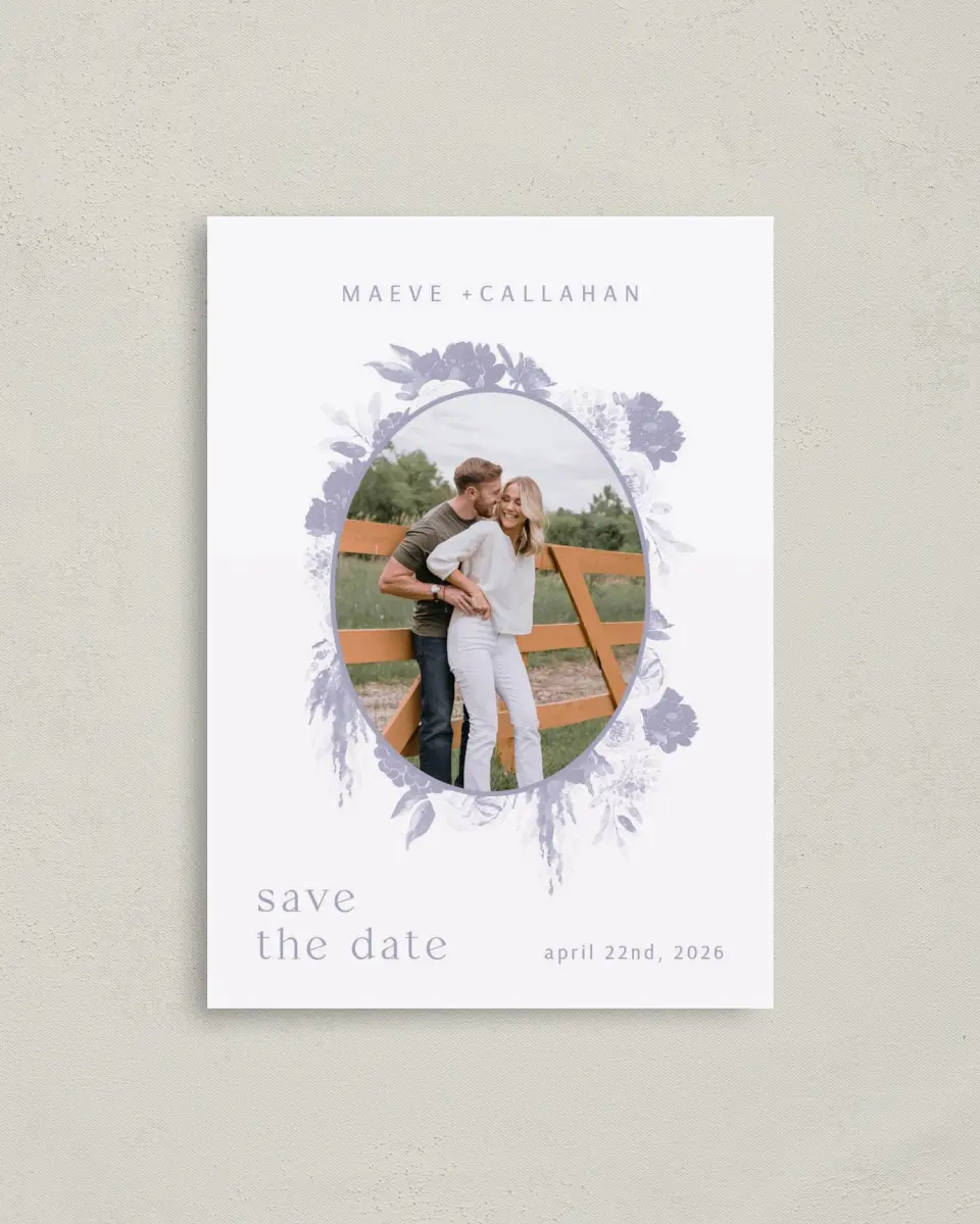 This is a 4" x 5.6" Save the Date Postcard called Sweet Botanical printed in full color on Soft Touch Finish paper