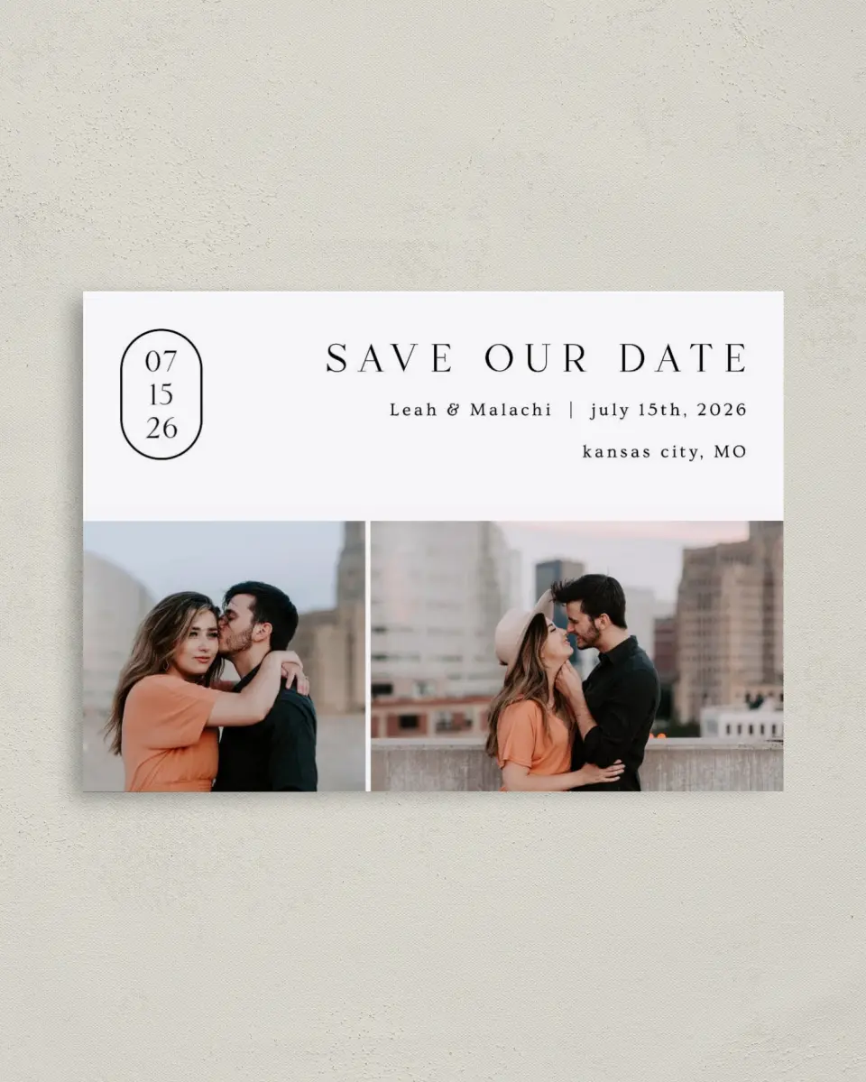 This is a 4" x 5.6" Save the Date Postcard called Precise Promise printed in full color on Soft Touch Finish paper