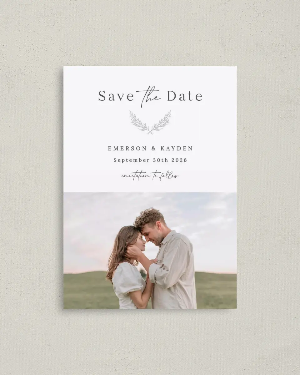 This is a 4" x 5.6" Save the Date Postcard called Soft Sprig printed in full color on Soft Touch Finish paper