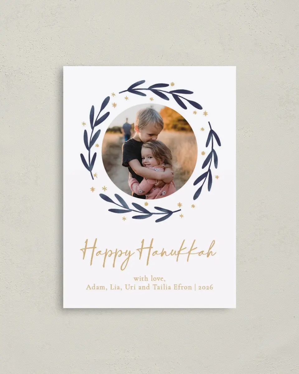 This is a 4" x 5.6" Hanukkah Card called Peaceful Wreath printed in full color on Premium Smooth paper