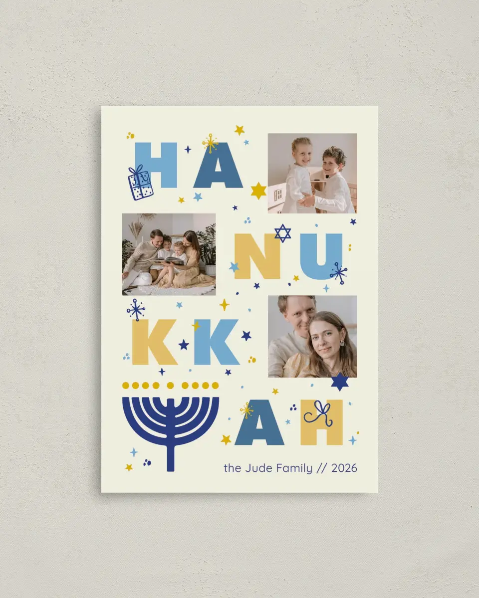 This is a 4" x 5.6" Hanukkah Card called Happy Menorah printed in full color on Premium Smooth paper