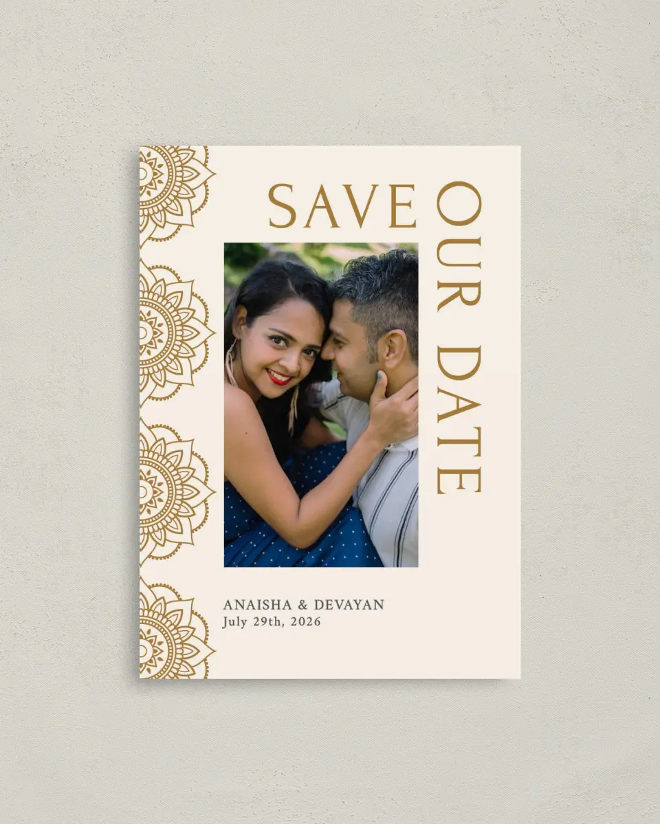 This is a 4" x 5.6" Save the Date Postcard called Indian Mandalas printed in full color on Soft Touch Finish paper