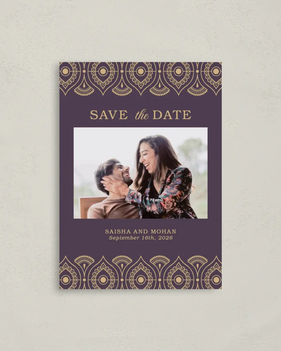 This is a 4" x 5.6" Save the Date Postcard called Royal Pattern printed in full color on Soft Touch Finish paper