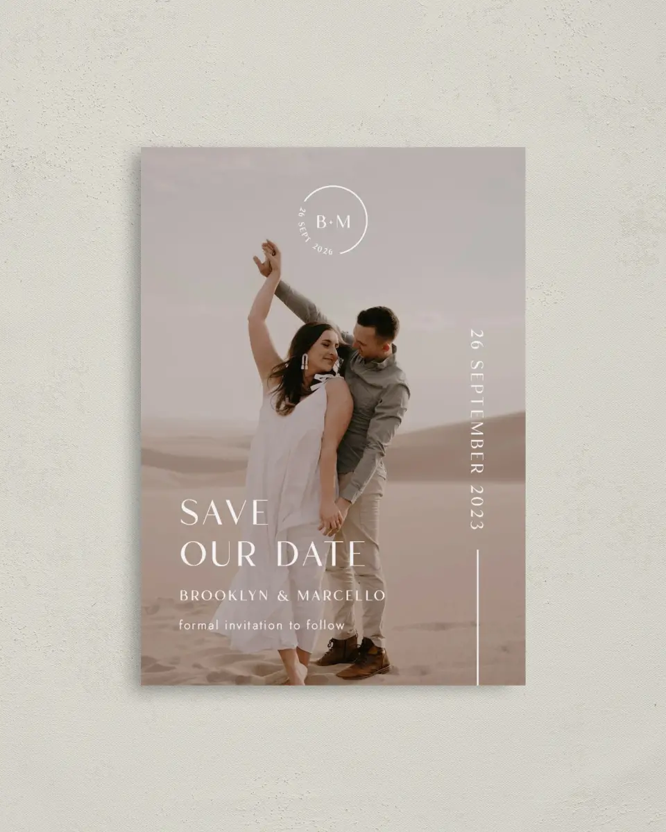 This is a 4" x 5.6" Save the Date Postcard called The Brooklyn printed in full color on Soft Touch Finish paper