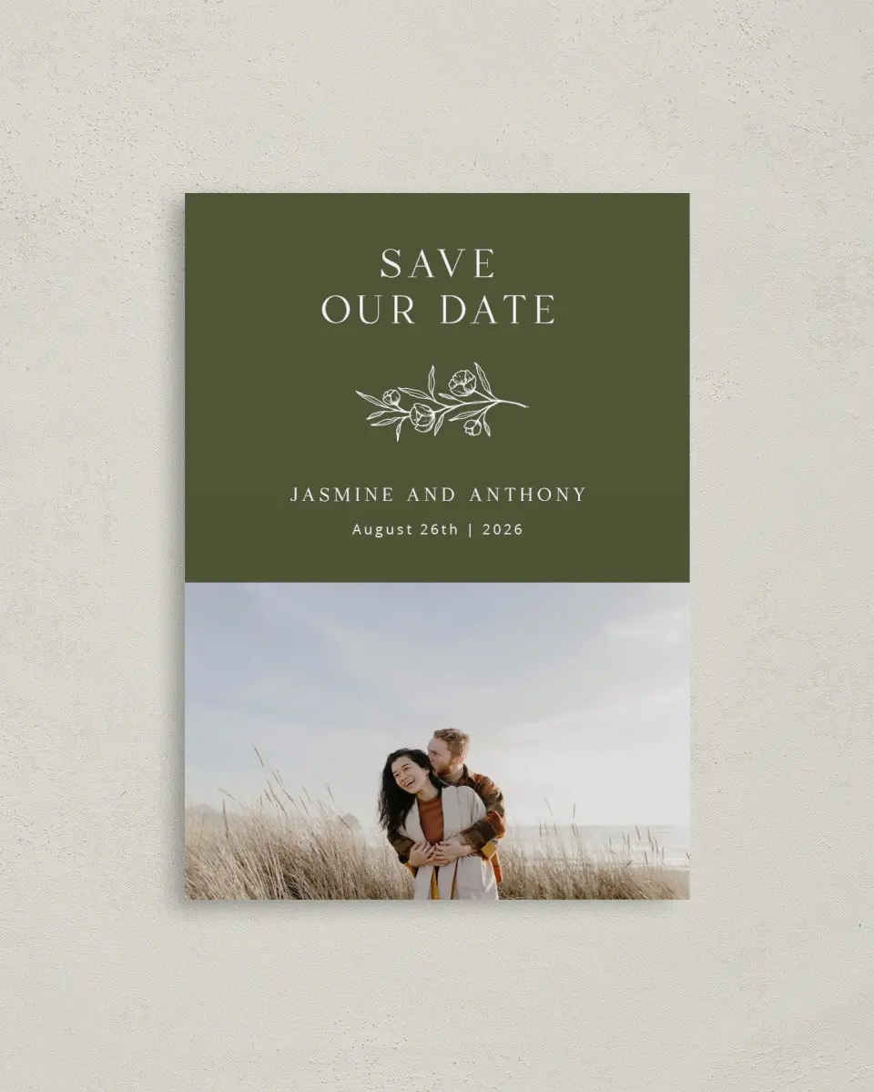 This is a 4" x 5.6" Save the Date Postcard called The Jasmine printed in full color on Soft Touch Finish paper