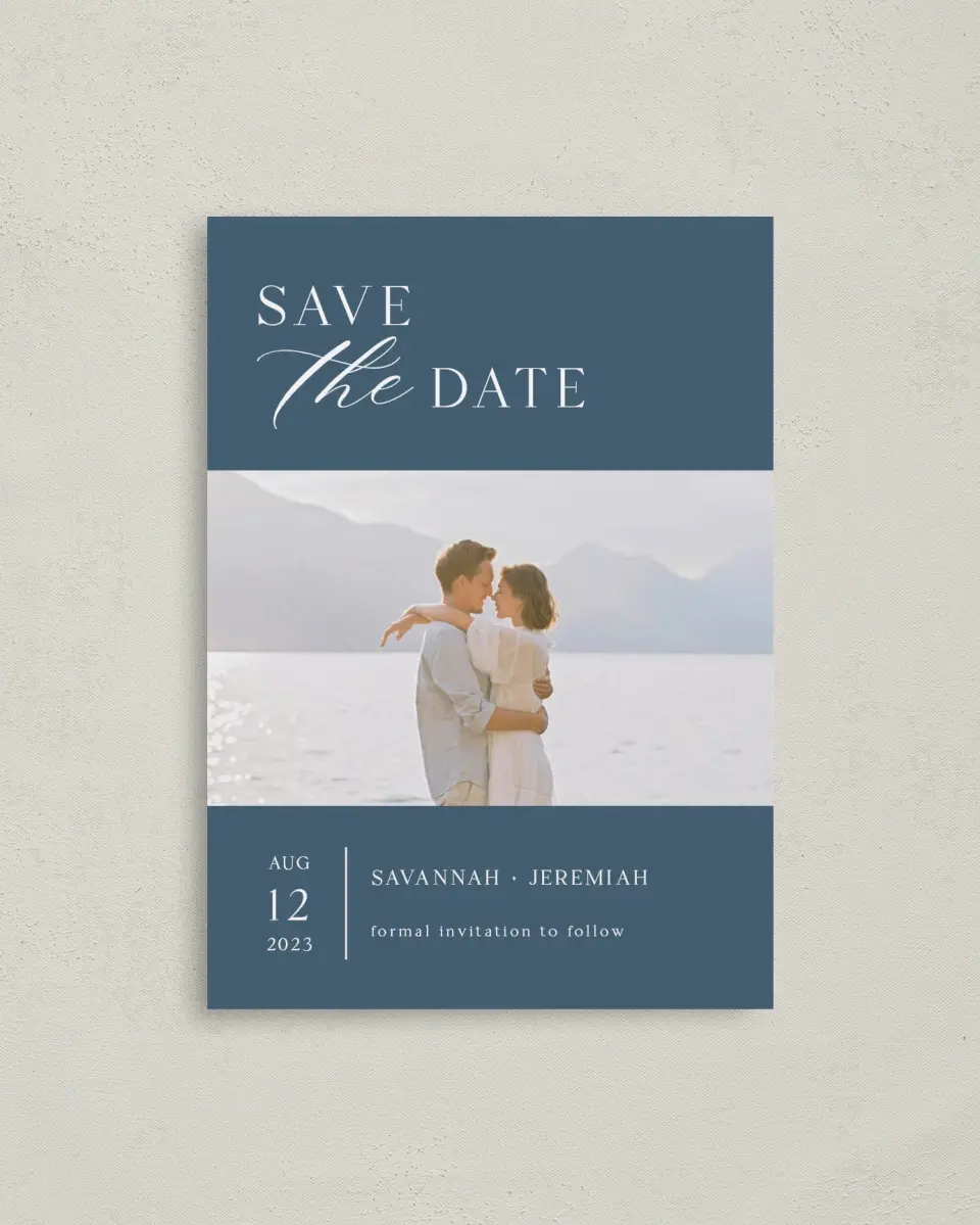 This is a 4" x 5.6" Save the Date Postcard called The Savannah printed in full color on Soft Touch Finish paper