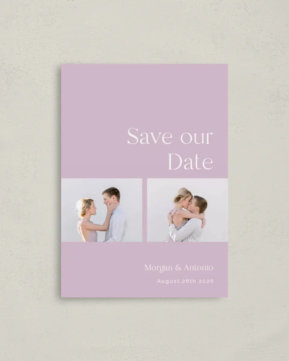 This is a 4" x 5.6" Save the Date Postcard called The Morgan printed in full color on Soft Touch Finish paper
