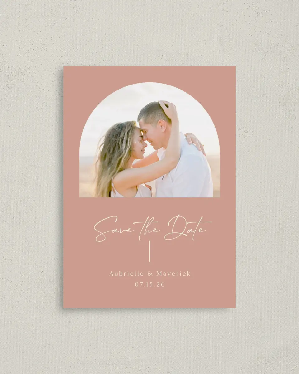 This is a 4" x 5.6" Save the Date Postcard called The Aubrielle printed in full color on Soft Touch Finish paper
