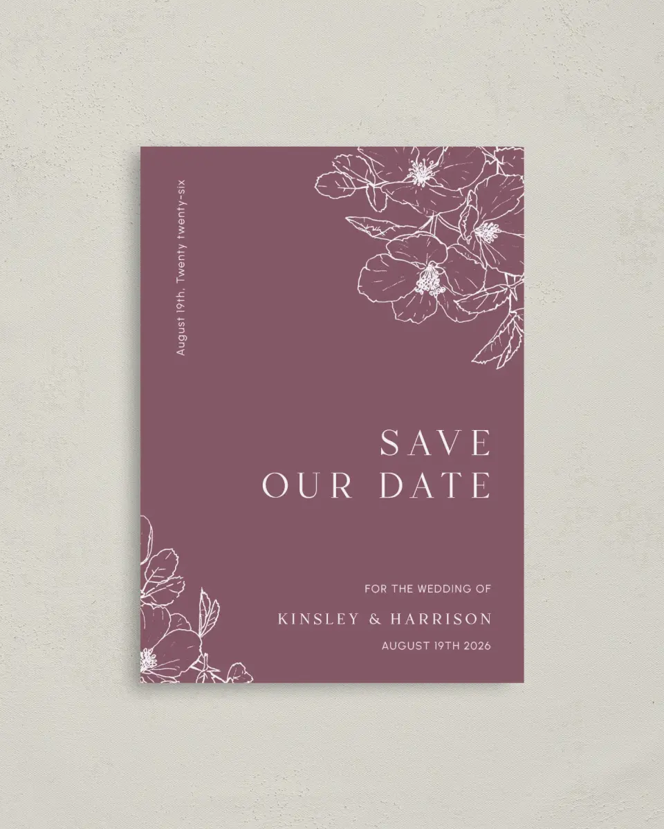This is a 4" x 5.6" Save the Date Postcard called The Kinsley printed in full color on Soft Touch Finish paper
