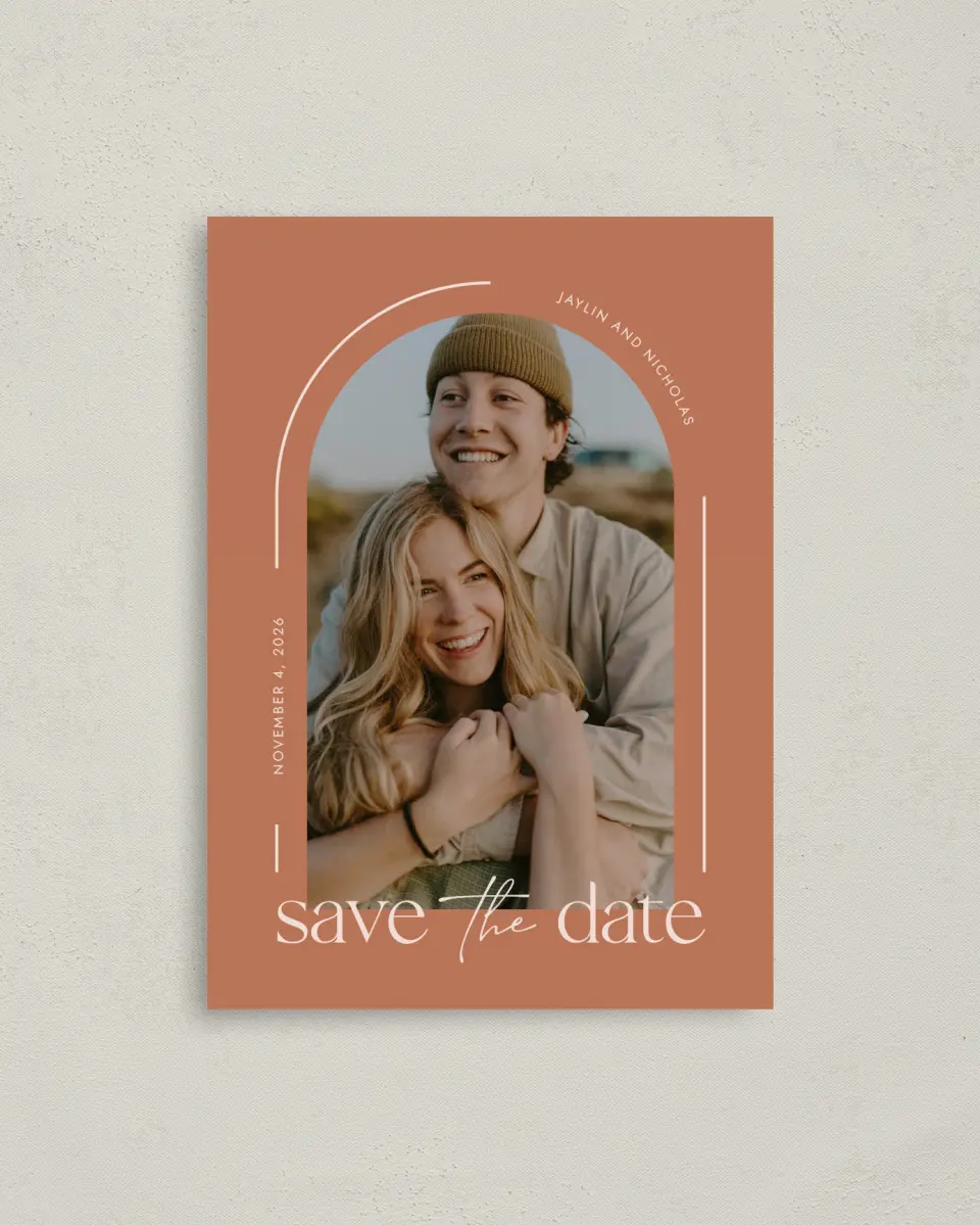 This is a 4" x 5.6" Save the Date Postcard called The Jaylin printed in full color on Soft Touch Finish paper