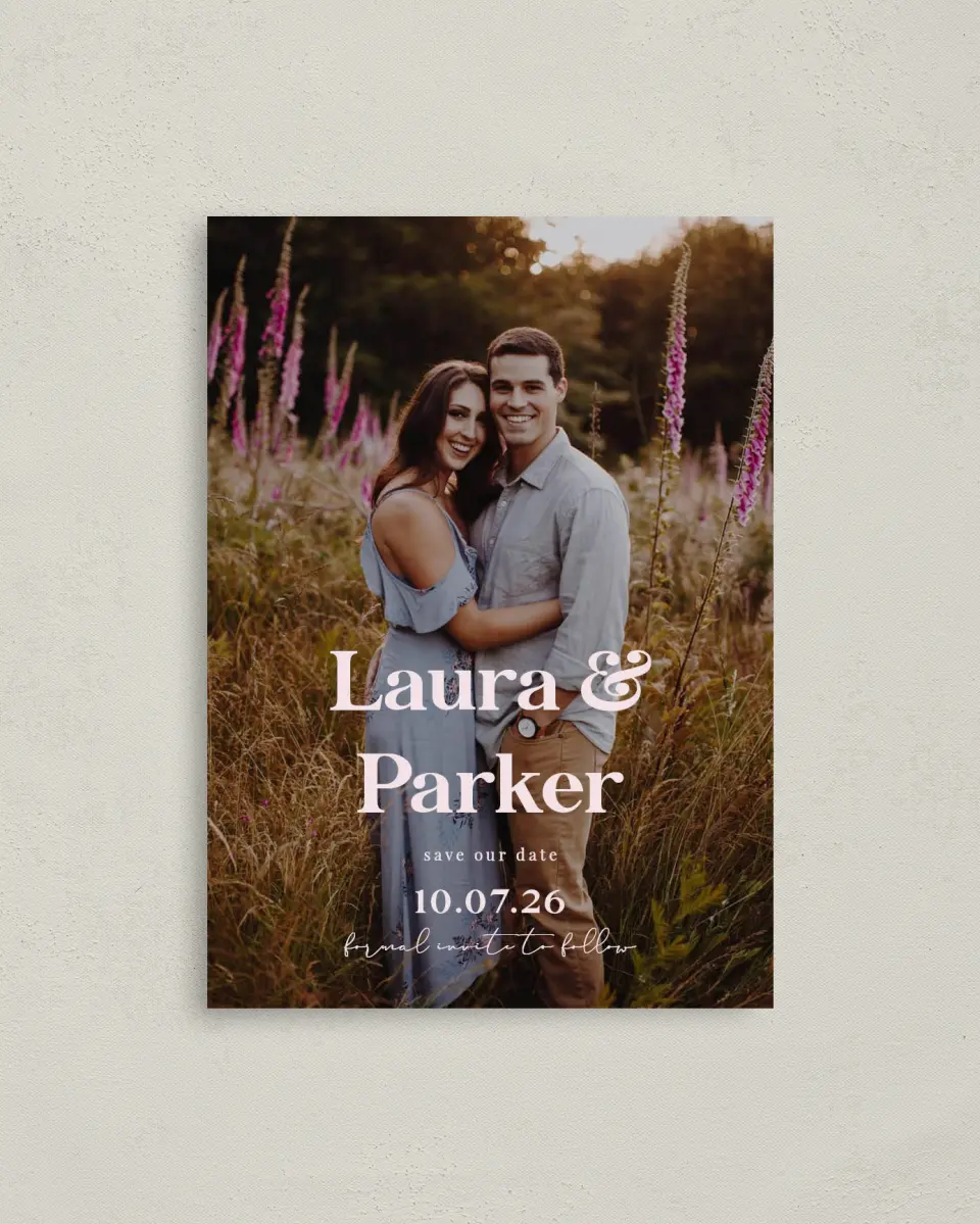 This is a 4" x 5.6" Save the Date Postcard called The Laura printed in full color on Soft Touch Finish paper