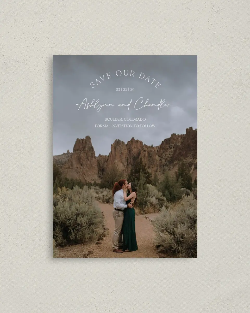 This is a 4" x 5.6" Save the Date Postcard called The Ashlynn printed in full color on Soft Touch Finish paper