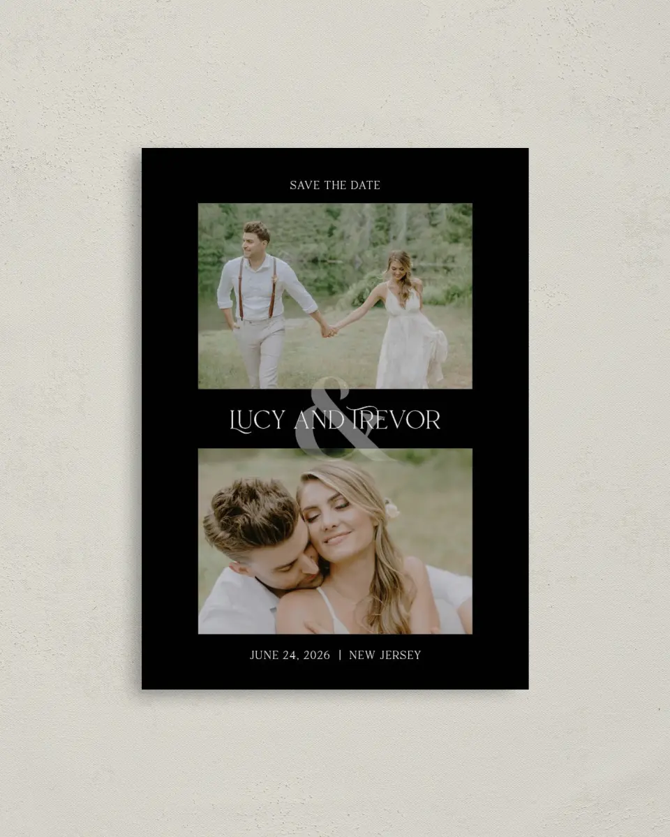 This is a 4" x 5.6" Save the Date Postcard called The Lucy printed in full color on Soft Touch Finish paper