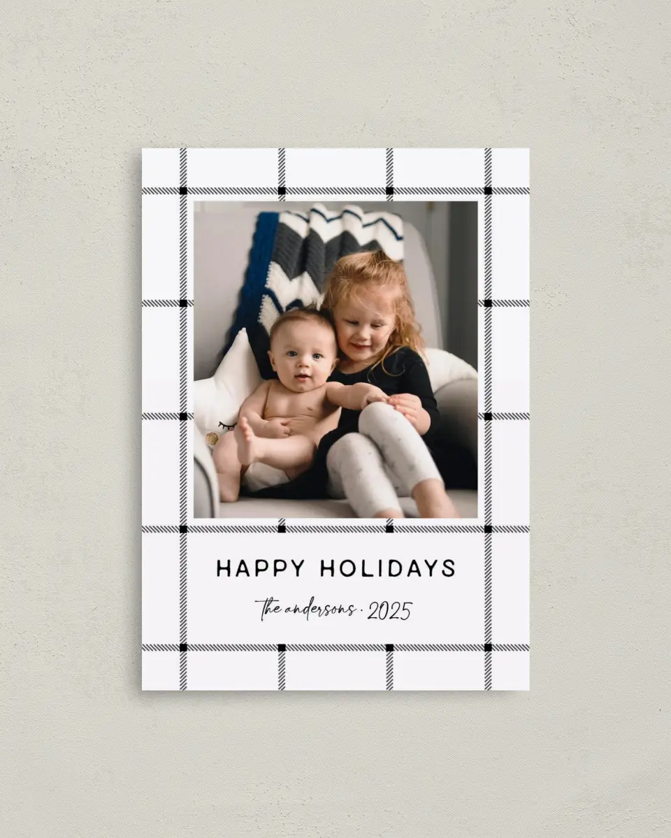 This is a 4" x 5.6" Christmas Card called Farmhouse Plaid printed in full color on Premium Smooth paper
