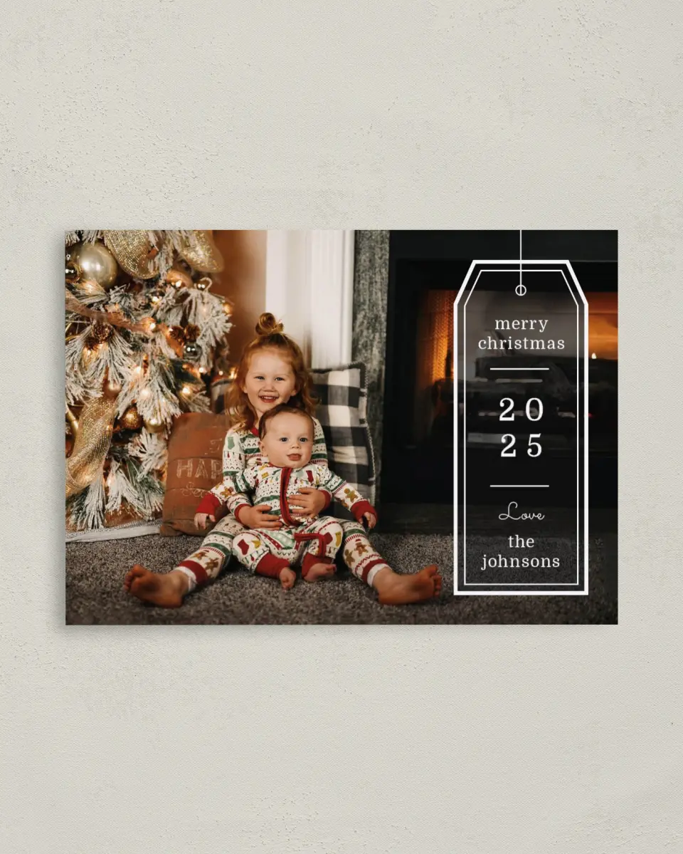 This is a 4" x 5.6" Christmas Card called Joyful Gift printed in full color with Rose Gold foil on Soft Suede (coated) paper